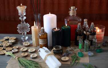 magic ritual with runes and pentagram and magical attributes