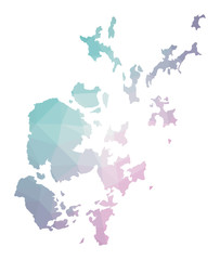 Polygonal map of Orkney Islands. Geometric illustration of the island in emerald amethyst colors. Orkney Islands map in low poly style. Technology, internet, network concept. Vector illustration.