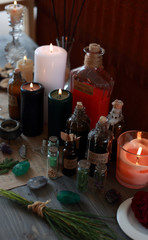 magic ritual with runes and pentagram and magical attributes