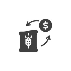 Flour price vector icon. filled flat sign for mobile concept and web design. Bag of wheat grain and money glyph icon. Farming and agriculture symbol, logo illustration. Vector graphics