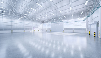 Hangar or industrial building i.e. factory, warehouse, workshop, hall or garage. Modern interior design with polished concrete floor, roller door and empty space for industry background. 3d rendering.