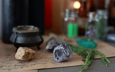 magic ritual with runes and pentagram and magical attributes