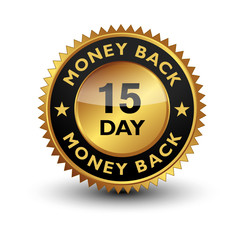 15 Day money back guaranteed golden seal, stamp, badge, stamp, sign, label isolated on white background.	