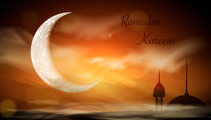 Ramadan Kareem background. Religion Holy Month. Caligraphy. Light moon. Clouds.