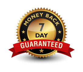 7 Day money back guaranteed golden seal, stamp, badge, stamp, sign, label with red ribbon isolated on white background.
