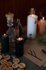 magic ritual with runes and pentagram and magical attributes