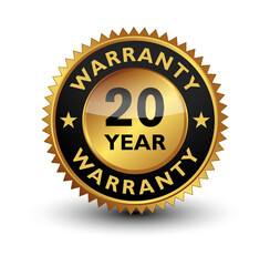 20 Year warranty golden seal, stamp, badge, stamp, sign, label isolated on white background.	
