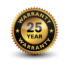 25 Year warranty golden seal, stamp, badge, stamp, sign, label isolated on white background  