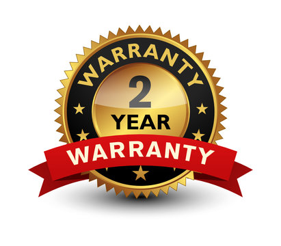 2 Year warranty golden seal, stamp, badge, stamp, sign, label with red ribbon isolated on white background.	