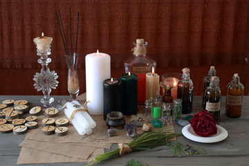 magic ritual with runes and pentagram and magical attributes