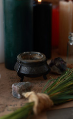 magic ritual with runes and pentagram and magical attributes