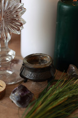 magic ritual with runes and pentagram and magical attributes