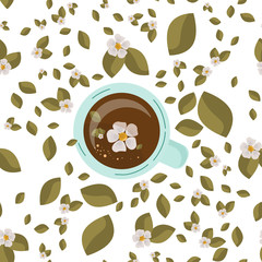 Tea Drink top view. Vector . Tea time, mug, hands . Green leaves and white flowers of tea.