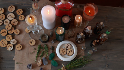 magic ritual with runes and pentagram and magical attributes