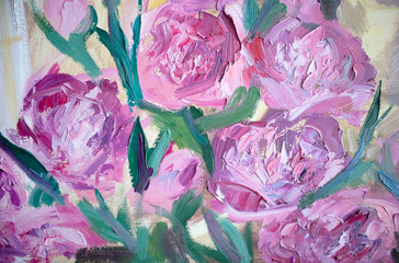 Colorful oil painting on canvas. Color of season 2022. Pink peonies art work.