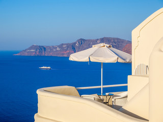 Seascape from terrace of hotel on Santorini island. Cyclades, Greece.