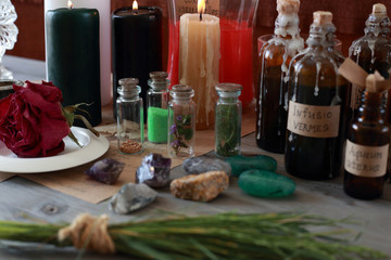 magic ritual with runes and pentagram and magical attributes