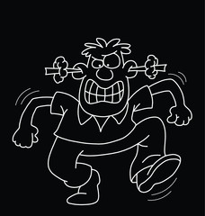 Comical monochrome outline cartoon angry man isolated on black background