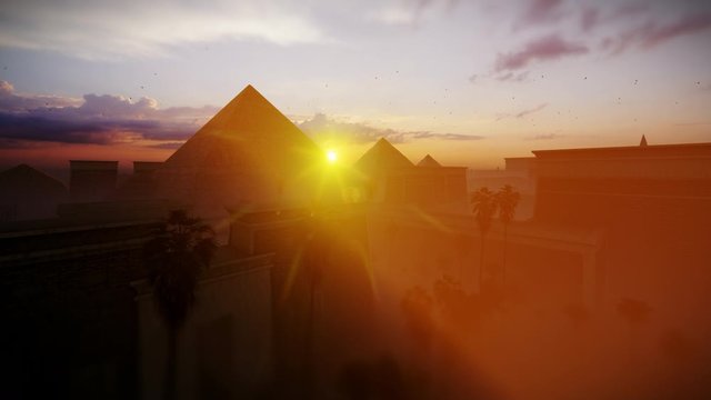 Great Giza pyramids of Khufu, Menkaure and Khafre against magical sunrise, Cairo, Egypt 4K
