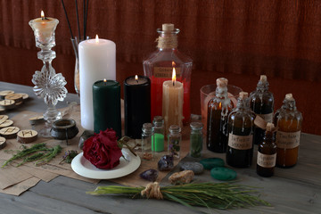magic ritual with runes and pentagram and magical attributes