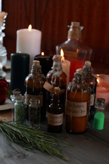 magic ritual with runes and pentagram and magical attributes