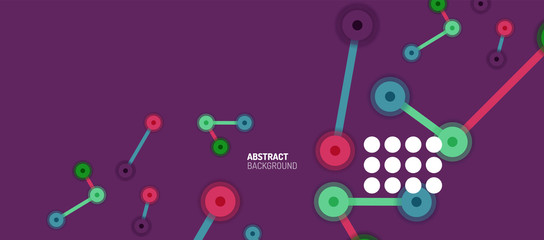 Flat style geometric abstract background, round dots or circle connections on color background. Technology network concept.