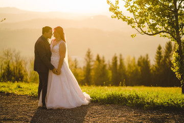 Verliebtes Brautpaar in schöner Landschaft bei Sonnenuntergang
