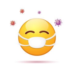 Vector Emoji sticker with mouth medical protection mask and flying virus isolated on white background. Yellow smile face character with white surgeon mask. Self isolation concept ilustration or icon