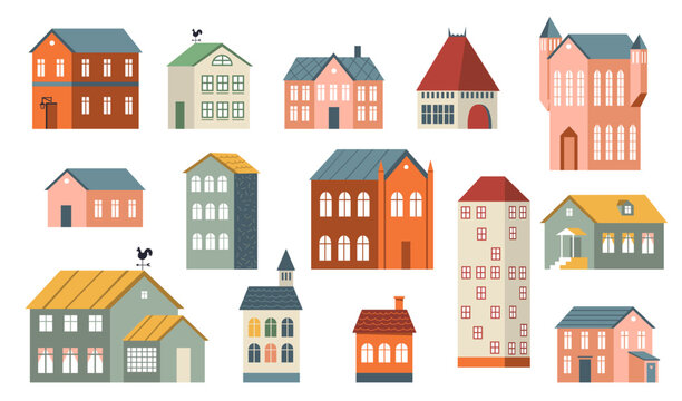 Family houses set. Suburban and country buildings, apartments and cottages for life in village or town. Can be used for real estate property, architecture, countryside, home topics
