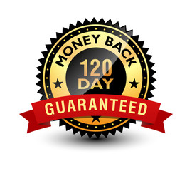 Powerful 120 day money back guaranteed badge, seal, sign, stamp, label with red ribbon on top. Isolated on white background.	