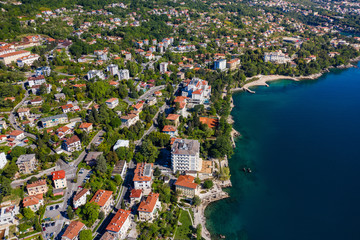 Croatia, beautiful Adriatic, Lovran riviera, aerial panoramic view in Kvarner bay coastline
