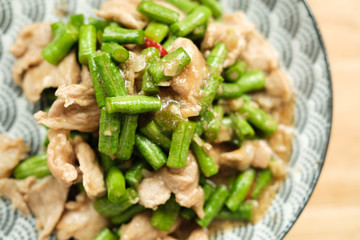Yardlong bean with meat pork Thai food with a closeup shot