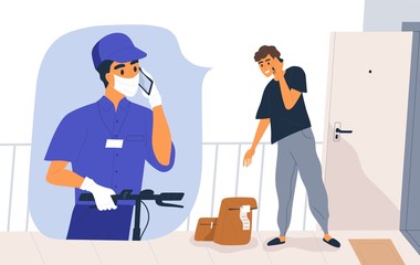 Safe shipping, contactless delivery concept. Man receiving order or groceries during quarantine. Deliveryman in medical mask and gloves call the customer. Vector illustration in flat cartoon style