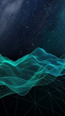 Abstract landscape on a dark background. Cyberspace grid. hi tech network. Outer space. Vertical orientation. Starry outer space texture. 3D illustration