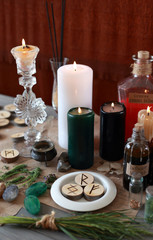 magic ritual with runes and pentagram and magical attributes