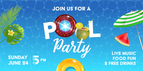Pool party poster template. Background with pool surface, palm leaves, beach umbrella and rubber ball. Realistic inflatable rainbow and orange rings. Vector illustration of invitation to nightclub.