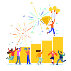 Fototapeta premium Office Workers Celebrating with Big Trophy. Business Team Success. Flat People Characters with Prize, Golden Cup.Vector illustration