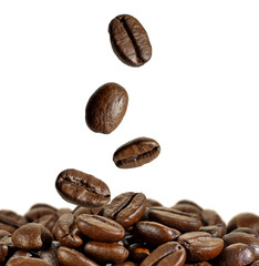 Fototapeta premium Falling coffee beans on heap or pile isolated on white background. Shallow depth of field.
