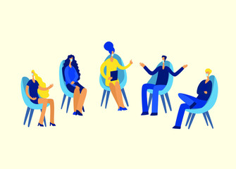  Group therapy session, psychotherapeutic meeting or psychological aid.Men and women sitting on chairs and talking to psychotherapist or psychologist. People are sitting in a circleVector illustration