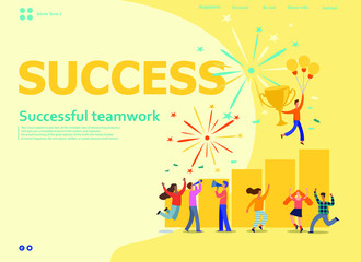 Obraz premium Office Workers Celebrating with Big Trophy. Business Team Success. Flat People Characters with Prize, Golden Cup.Vector illustration