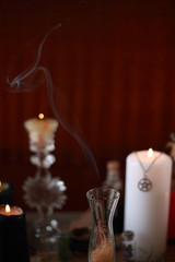 magic ritual with runes and pentagram and magical attributes