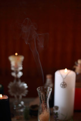 magic ritual with runes and pentagram and magical attributes