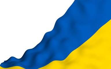The flag of Ukraine on a white background. National flag and state ensign. Blue and yellow bicolour. 3D illustration waving flag