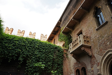 Exterior architecture and balcony design of Medieval old town building at The house of Romeo and Juliet -Verona,Italy
