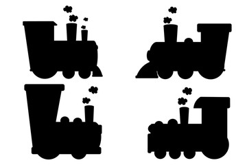 Vector cartoon children locomotive silhouttes. Flat puffer for kids and animals on white isolated background