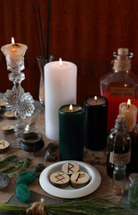 magic ritual with runes and pentagram and magical attributes