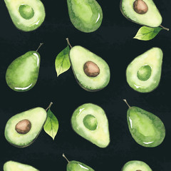 Avocado seamless pattern on a dark background painted by watercolor