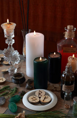 magic ritual with runes and pentagram and magical attributes