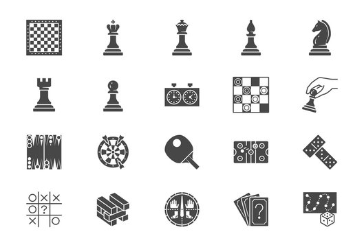 Board Games Flat Icons. Vector Illustration Included Icon As Chess, Checkers, Domino Silhouette Pictogram For Table Entertainment Shop