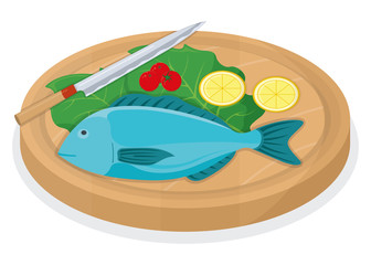 Cut up tuna fish roll and salmon minnow on wooden kitchen board concept isolated on white, cartoon vector illustration.